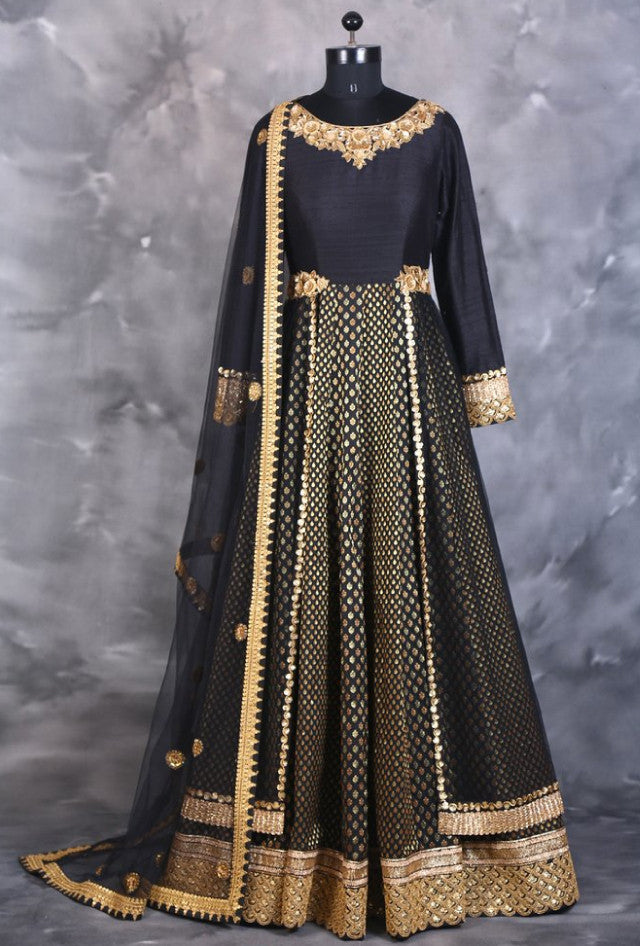 Black silk indo western gown with floral colourful thread embroidery/  designer black Indian dress ev… | Gown dress party wear, Gown party wear, Indian  gowns dresses